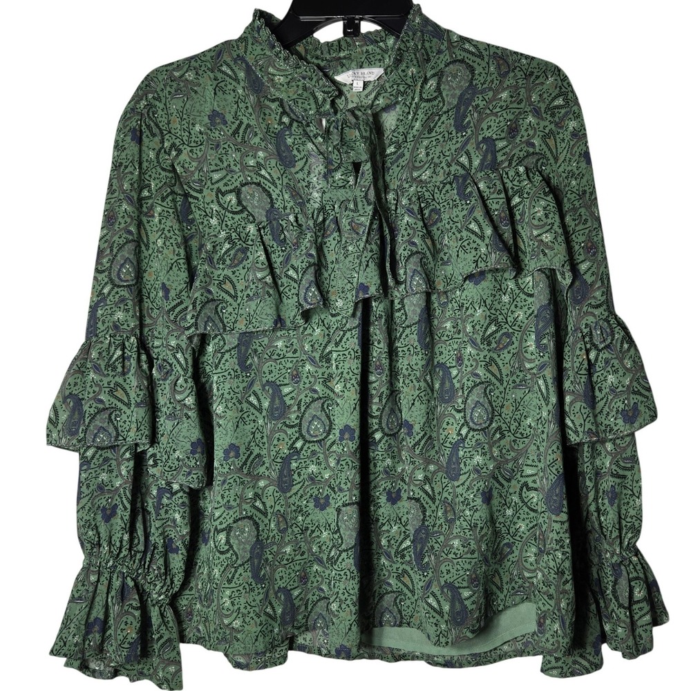 Lucky‎ Brand Green Paisley Ruffle Tiered Sleeve Top Large Boho Cottage Victorian